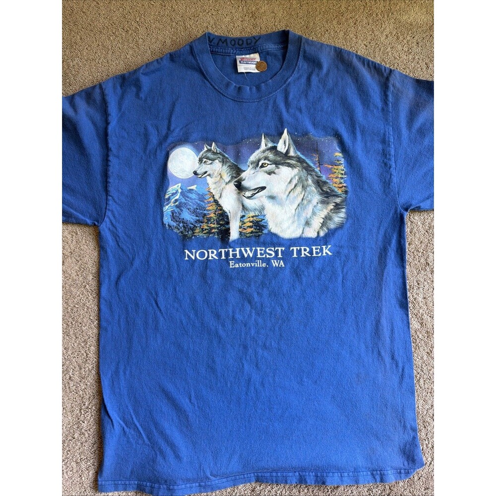 VTG Hanes Heavyweight Northwest Trek Wolf Graphic Washington Y2K Blue L Shirt